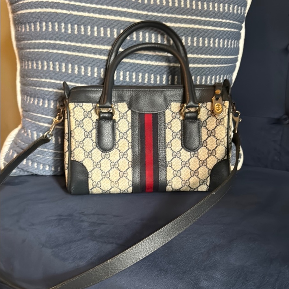 Gucci Beige GG Canvas Satchel with Black Trim and Red/Blue Stripe